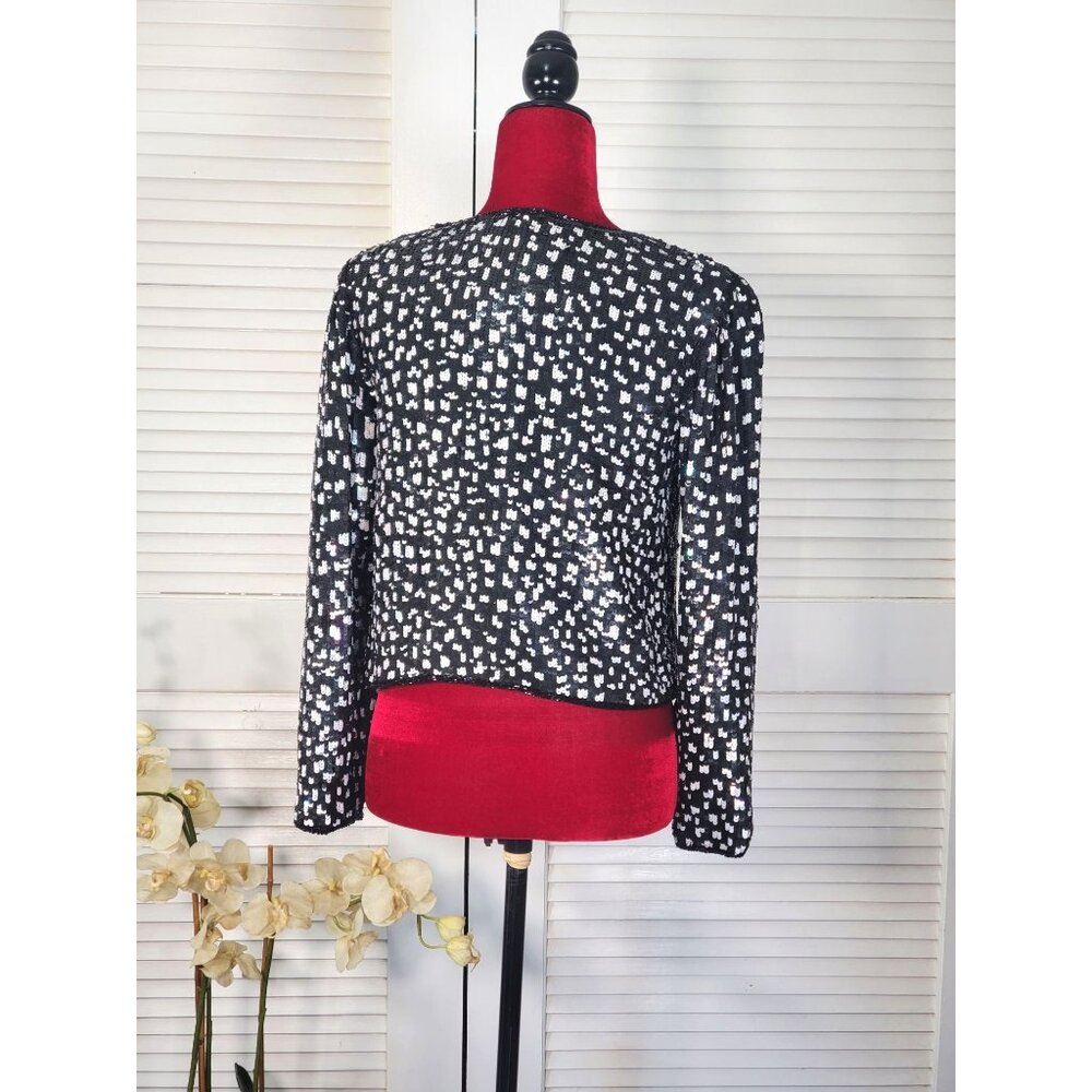 Vintage Stenag  Black and White Sequin Silk Bolero Evening Jacket Sz P S 1599 - Picture 5 of 12